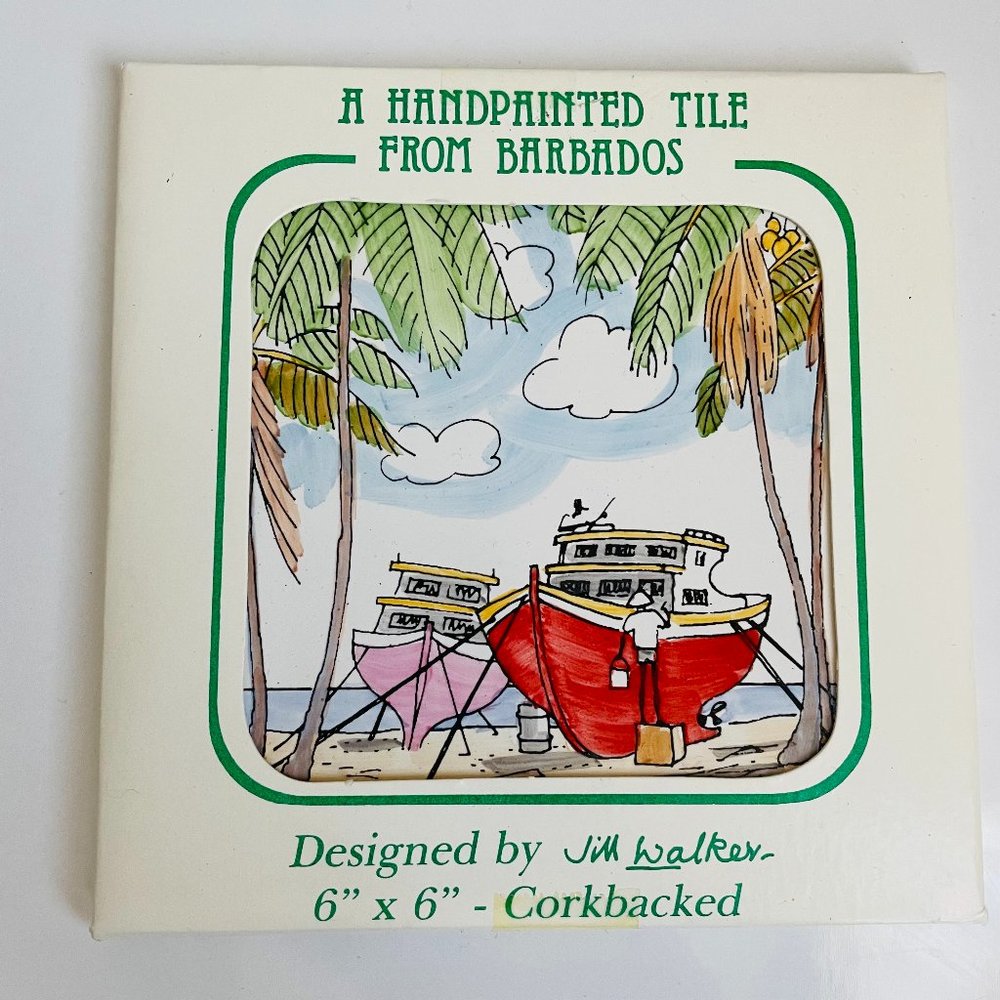 Vintage Jim Walker Handpainted Tile Barbados Fishing Boat 6x6” Cork Back NEW